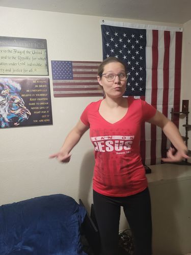 Customer photo review of Lean On Jesus Women's V-Neck