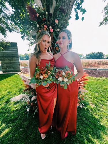 Customer photo review of Sexy Spaghetti Straps Mermaid Long Soft Satin Bridesmaid Dresses With Slit