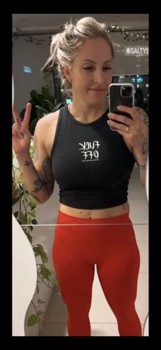 Customer photo review of Salty Savage Ladies Micro “Fuck Off” High Neck Sleeveless Crop Tank | Charcoal Gray