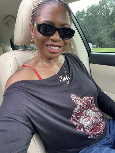 Customer photo review of Delta Sigma Theta shield long sleeve off shoulder glitter t-shirt