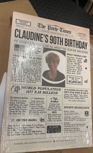 Customer photo review of 90th Birthday Newspaper Poster, 90th birthday gift for grandma or grandpa, 1932 birthday, back in 1932, 90th birthday decorations Printable