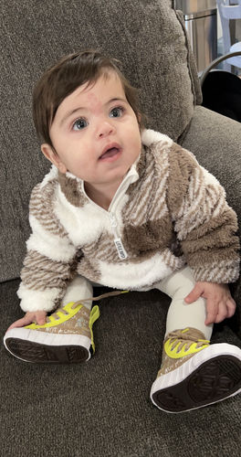 Customer photo review of Plaid Sherpa Quarter Zip - Latte