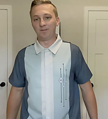 Customer photo review of Vintage Gradient Cyan Stitching Simple Line Totem Printing Short Sleeve Shirt