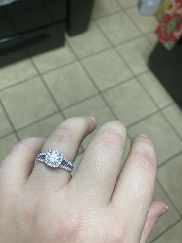 Customer photo review of Halo Round Moissanite Sapphire Triple Row Pave Engagement Ring