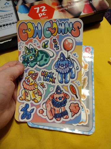 Customer photo review of Cow Clown Sticker Sheet