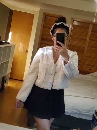 Customer photo review of Faux Pearl Button Beaded Detail Dual Pocket Fuzzy Jacket