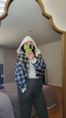 Customer photo review of Drawstring Plaid Pattern Button Up Crop Hoodie
