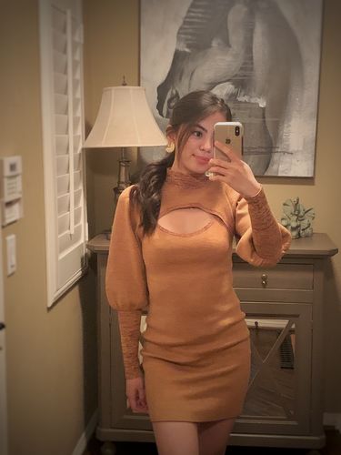 Customer photo review of Cut Out Puff Sleeve Bodycon Knit Sweater Dress