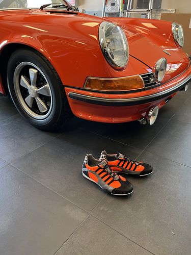Customer photo review of Men's Racing Sneaker in Electric Tri-Colore (Bright Orange, Gray, and Black)
