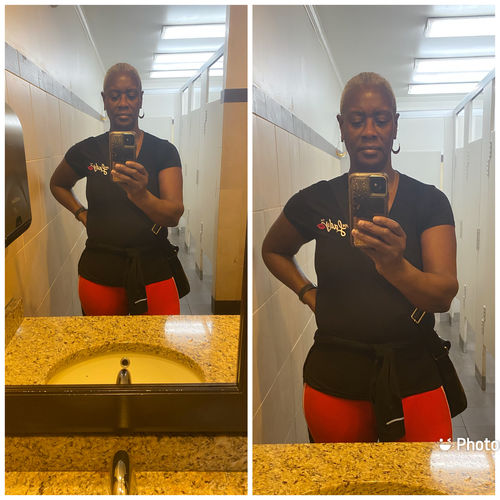 Customer photo review of Hey Lady💋™ (Sm sold out) In Stock 3/10-Signature Embroidered Slim fit V-Neck T-shirt