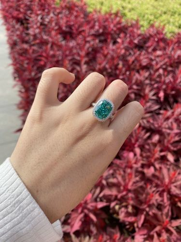 Customer photo review of Louily Gorgeous Halo Cushion Cut Paraiba Tourmaline Engagement Ring In Sterling Silver