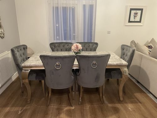 Customer photo review of Vienna Grey Marble Top Dining Set With Chelsea Ring Knocker Velvet Chairs