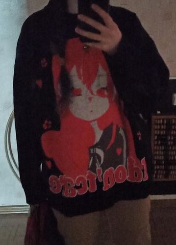 Customer photo review of Harajuku Style "I Don't Care" Anime Knit Sweater
