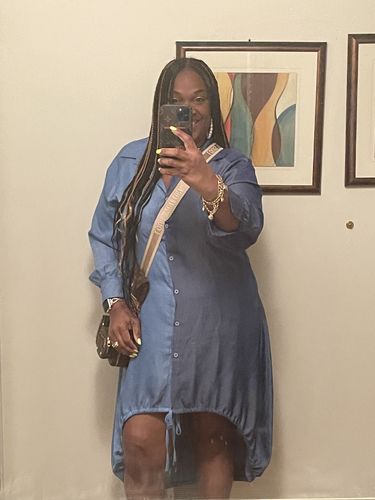 Customer photo review of Denim Stitching Drawstring Shirt Dresses