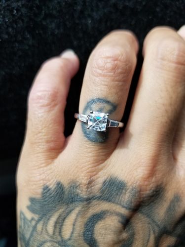 Customer photo review of Three Stone Asscher Moissanite Tapered Baguette Engagement Ring