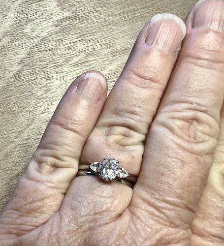 Customer photo review of Three Stone Oval Cut Moissanite Pear Cut Side Stone Engagement Ring