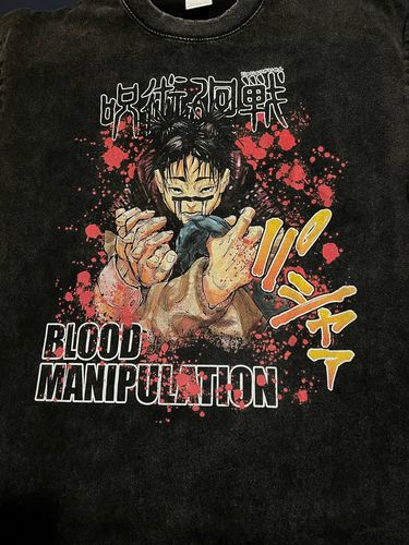 Customer photo review of Harajuku Style Vintage Washed Jujutsu Kaisen Blood Manipulation Oversized Tee