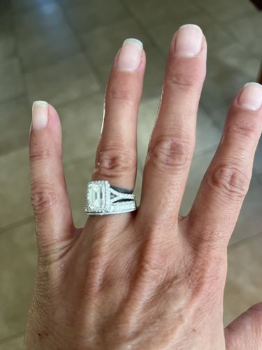 Customer photo review of Vintage Moissanite Sterling Silver Wedding Band Stackable Ring