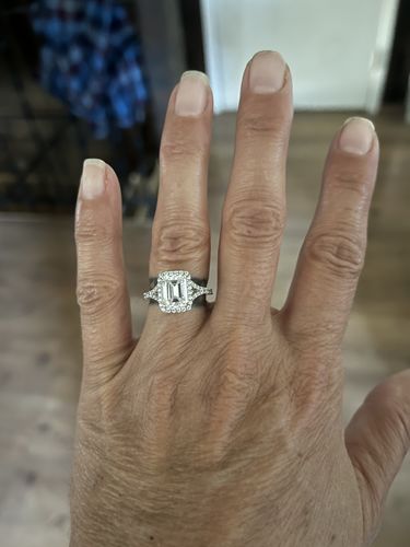 Customer photo review of Halo Emerald Cut Moissanite Split Shank Pave Engagement Ring