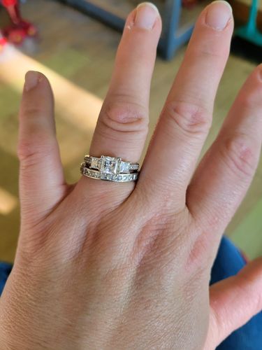 Customer photo review of Three Stone Princess Cut Moissanite Pavé Set Engagement Ring