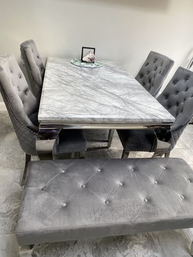 Customer photo review of Vienna Grey Marble Dining Table With Venice Lion Knocker Velvet Chairs With Bench