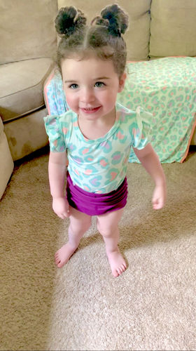 Customer photo review of Leopard Sorbet Short Sleeve Ruffle Bodysuit