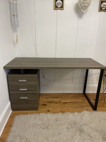 Customer photo review of Grey Oak Computer Desk with Reversible File Cabinet | DEVAISE
