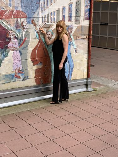 Customer photo review of Joseph Ribkoff Black Rhinestone Embellished Split Wide-Leg Jumpsuit 213288 NEW