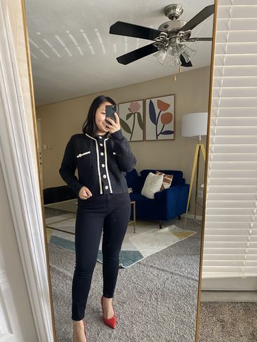 Customer photo review of Contrast Trim Faux Pearl Button Green Cardigan