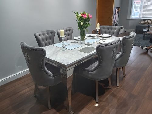 Customer photo review of Vienna Grey Marble Dining Table With Chelsea Lion Knocker Velvet Chairs