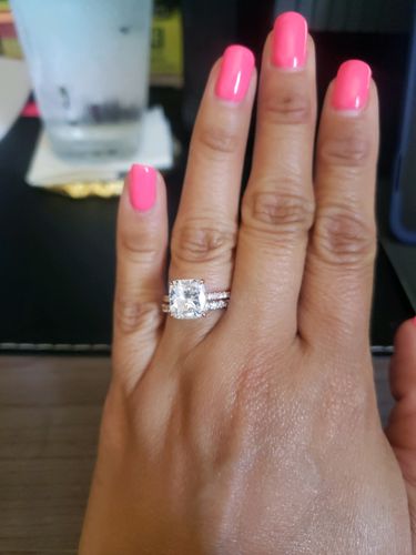Customer photo review of 4.50 Carats Cushion Cut Micropave Side Stones Hidden Halo Diamond Engagement Ring