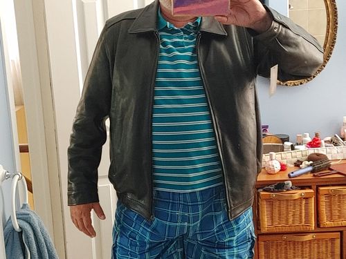 Customer photo review of Bomber leather jacket with spread collars