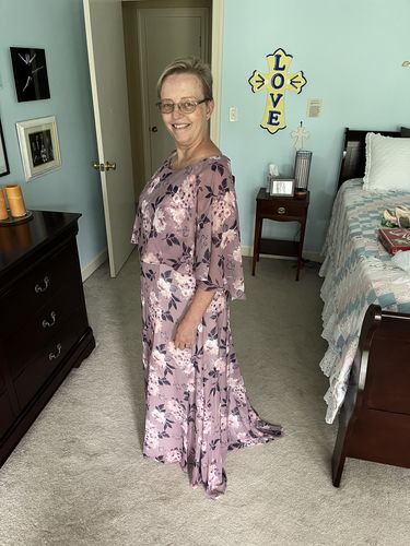 Customer photo review of Cape Sleeves Boat Neck Chiffon Print Floral Wisteria Floor Length Formal Evening Gown