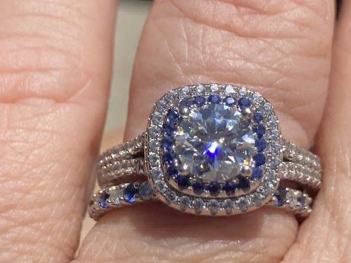 Customer photo review of Alternating Moissanite And Sapphire Eternity Wedding Band Ring