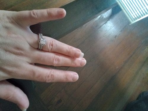 Customer photo review of Moissanite Round Half Eternity Sterling Silver Wedding Band Stackable Ring