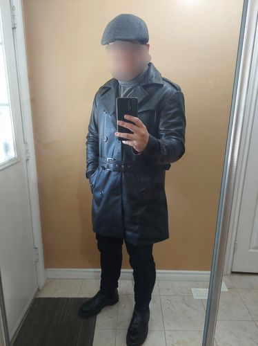 Customer photo review of Black leather belted and double breasted trench coat