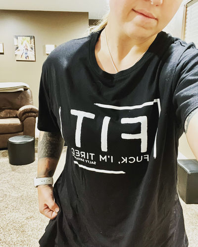 Customer photo review of Salty Savage Unisex "FIT Fuck, I'm Tired" Oversized Drop Shoulder Crew Tee | Black/White