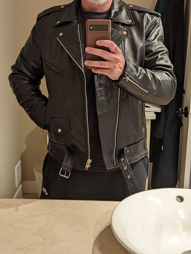 Customer photo review of "Perfect" Biker Style Classic Black Premium Heavy Leather Jacket