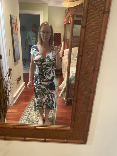 Customer photo review of Joseph Ribkoff Vanilla/Multi Tropical Print Ruffled Mock-Wrap Sheath Dress 221355 NEW