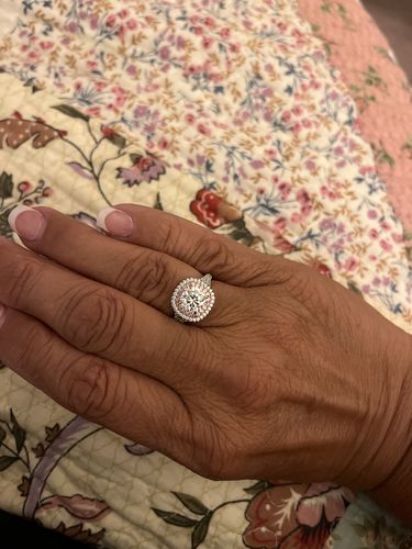 Customer photo review of Two Tone Halo Cushion Moissanite Split Shank Pave Engagement Ring