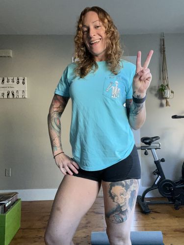 Customer photo review of Salty Savage Unisex Peace Skeleton Basic Pocket Tee | Blue Lagoon