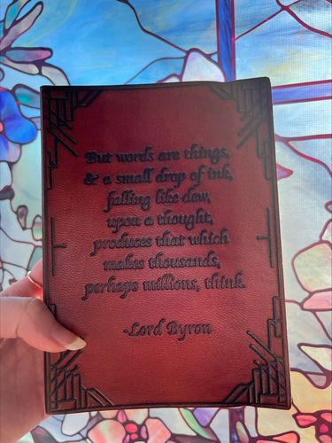 Customer photo review of Lord Byron But Words Are Things Quote Leather Journal - 7x5