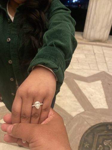 Customer photo review of Halo Pear Moissanite Triple Row Pave Engagement Ring