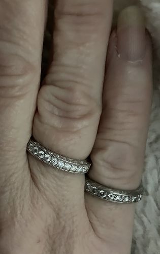 Customer photo review of Vintage Moissanite Sterling Silver Wedding Band Stackable Ring