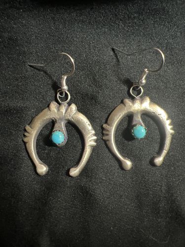 Customer photo review of Native American Sterling Silver Oxidized Sand Cast Turquoise Naja Earrings