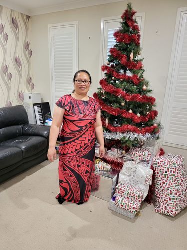 Customer photo review of Polynesian Pride Dress - Tribal Polynesian Red Ali Style Off Shoulder Long Dress