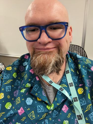 Customer photo review of Dnd RPG Dice Blue Button Up Shirt