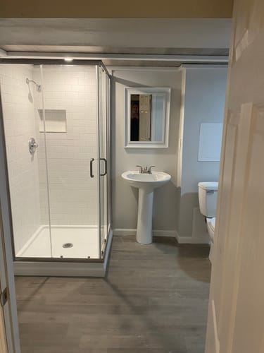 Customer photo review of SUNNY SHOWER Corner Square Shower Enclosure with 1/4 in. Clear Tempered Glass Double Sliding Shower Doors, Brushed Nickel Finish