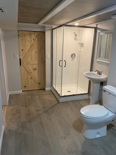 Customer photo review of SUNNY SHOWER Corner Square Shower Enclosure with 1/4 in. Clear Tempered Glass Double Sliding Shower Doors, Brushed Nickel Finish