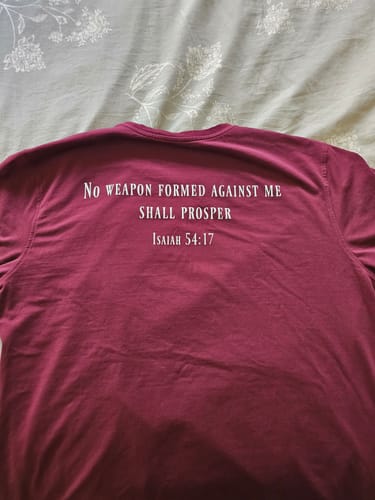 Customer photo review of Isaiah 54:17 Performance Tee - Maroon